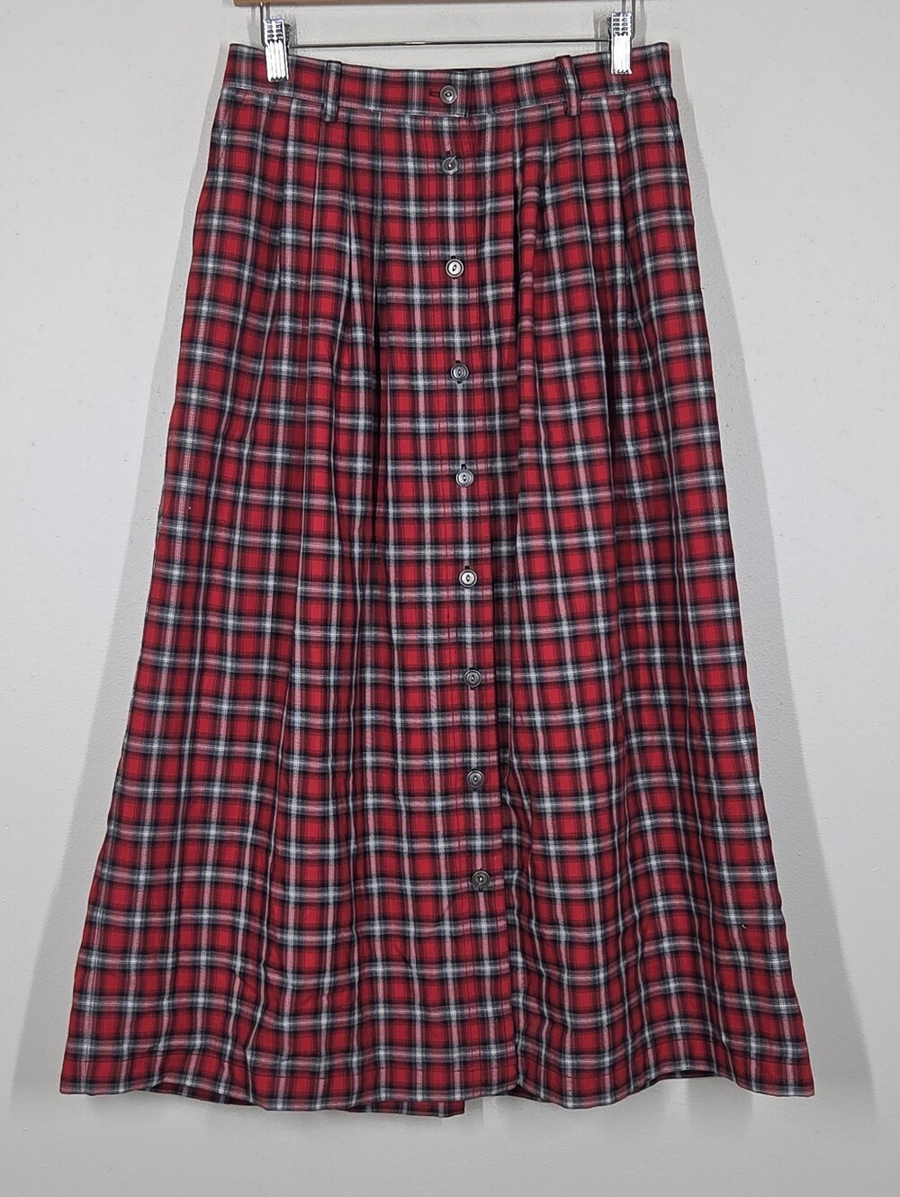 Vtg Susan Bristol Red Tartan Plaid Midi Skirt Button Academia Preppy Holiday 10